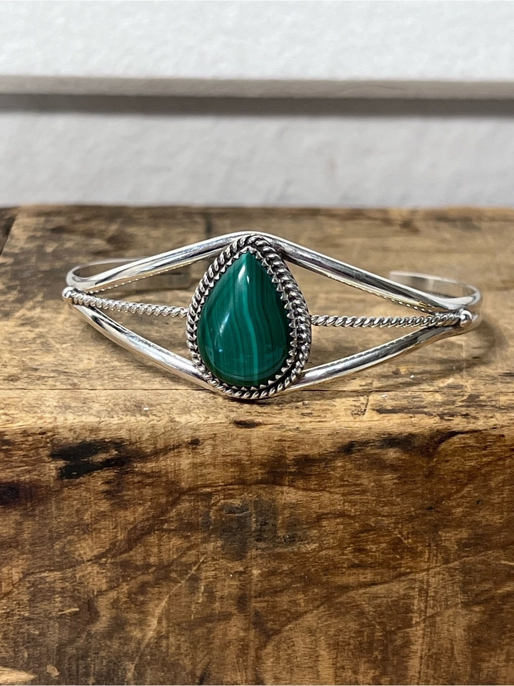1950s PY Pat Yazzie Signed Navajo Sterling Silver and Malachite Cuff Bracelet